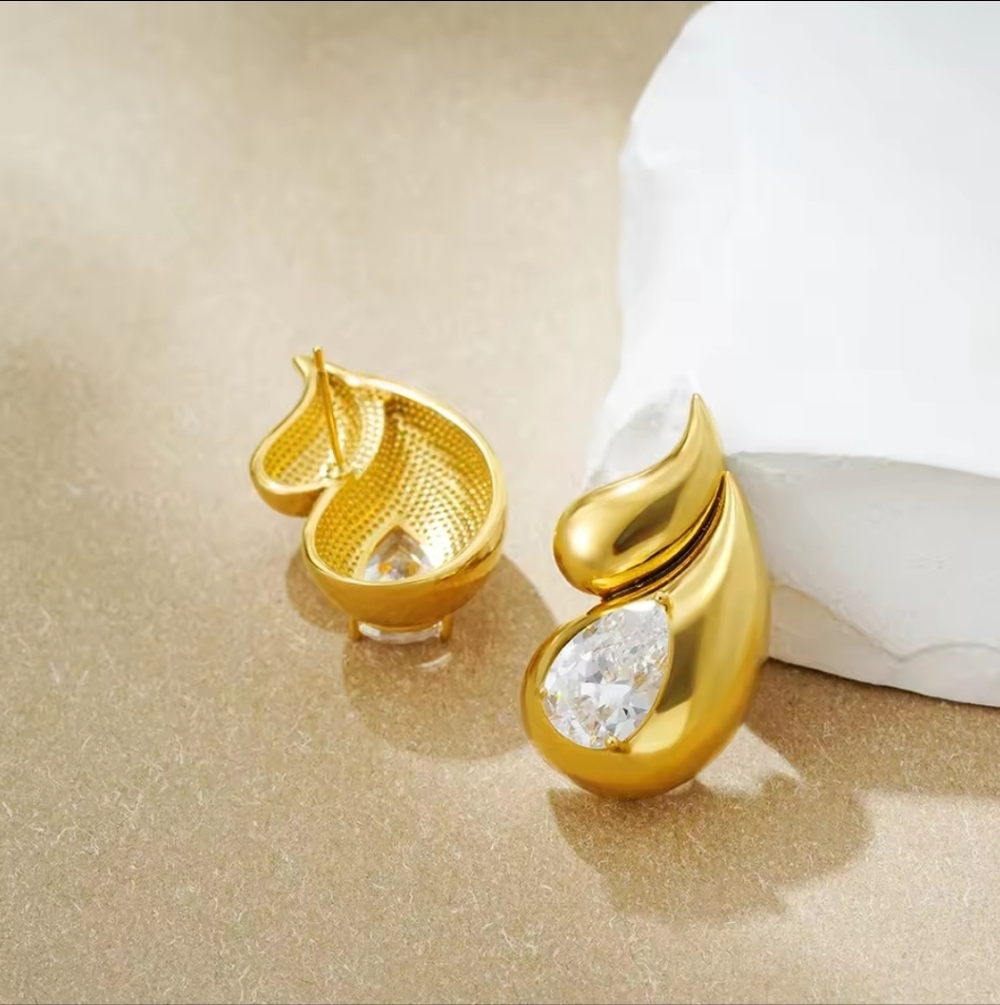 Gold Color Chunky Double Teardrop Earrings Clear Crystal Waterdrop - Picture 2 of 3